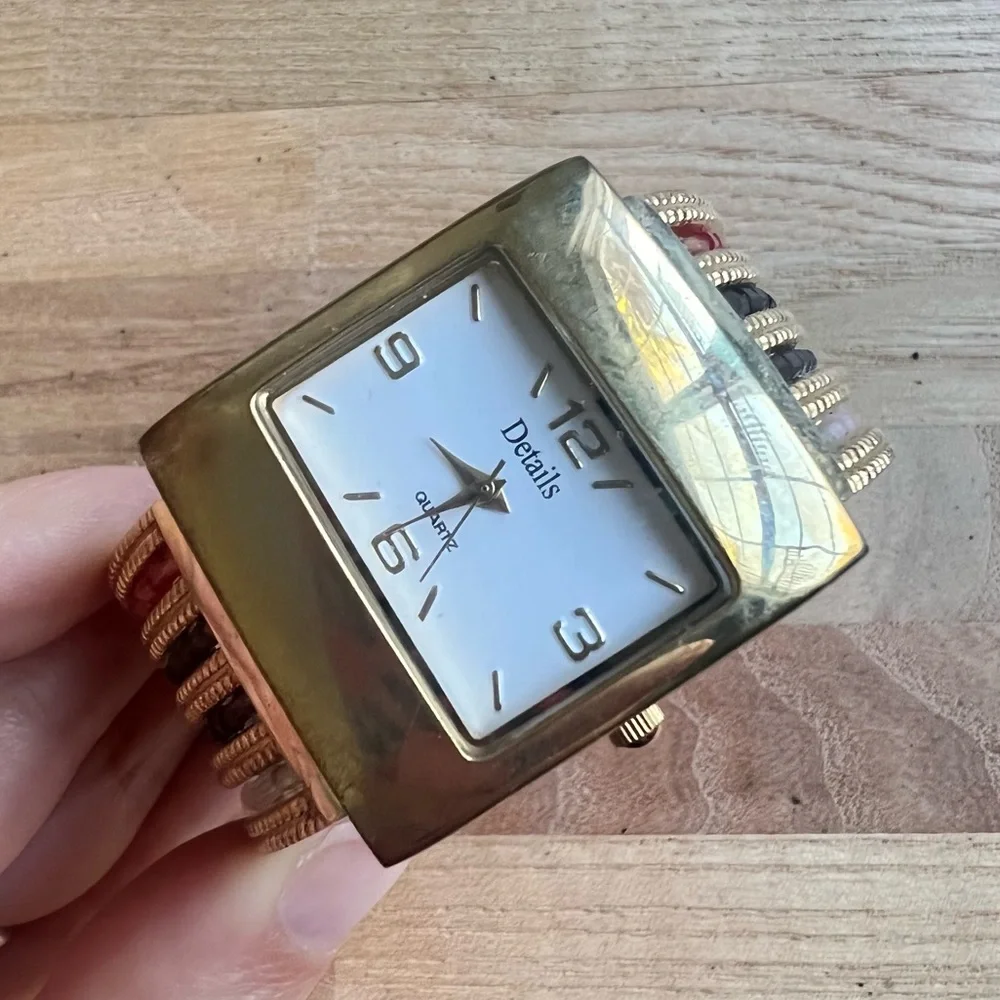 Details ladies hinged beaded cuff bracelet watch NEW BATTERY